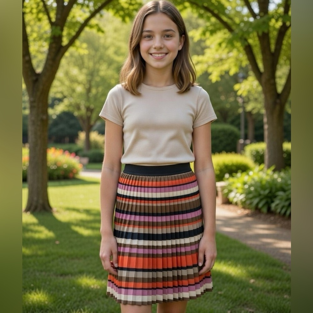 Abel & Lula Pleated Plisse Skirt Red Pink Black Beige Stripes Size 12